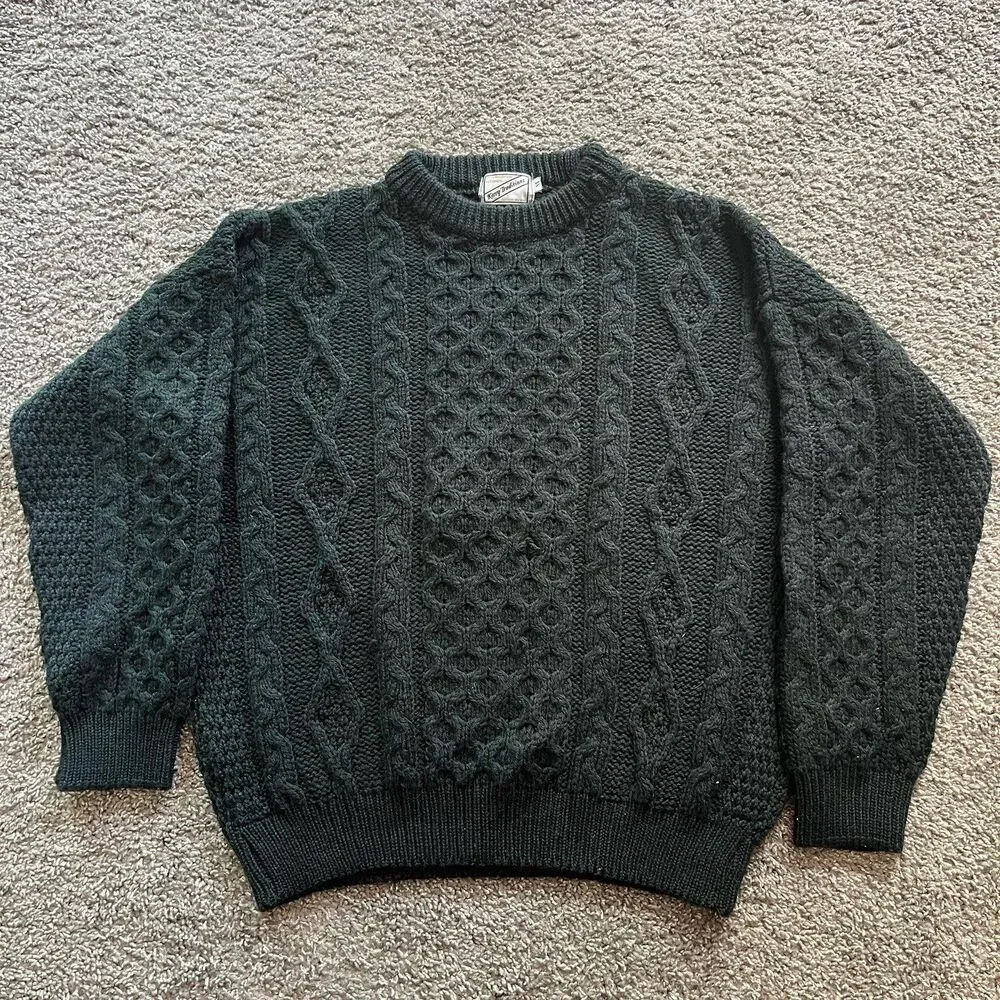 VTG Kerry Woollen Mills Cable Knit Sweater Wool Green Chunky Fisherman Size M